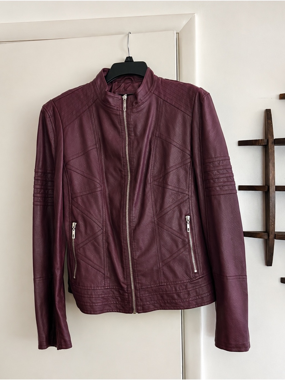Women’s Burgundy Faux Leather Zip-Up Moto Jacket